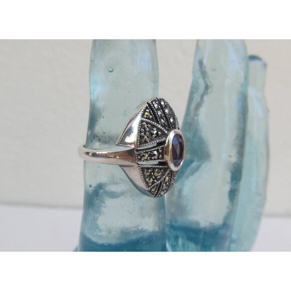 Vintage amethyst sterling silver ring sz 6.75 marcasite art deco engagement ring - Picture 4 of 9